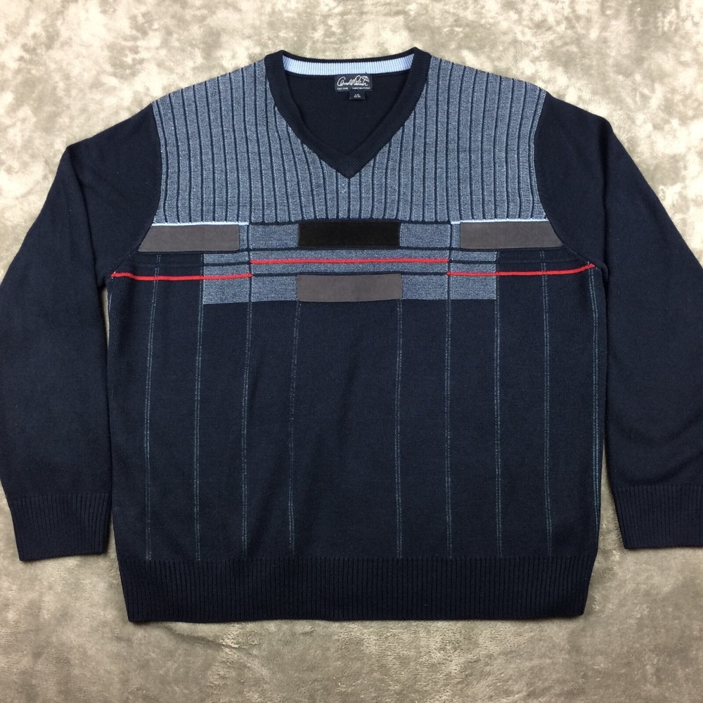 Vtg‎ Arnold Palmer Sweater Mens Large V Neck Geometric Blue Retro Golf HOLE
